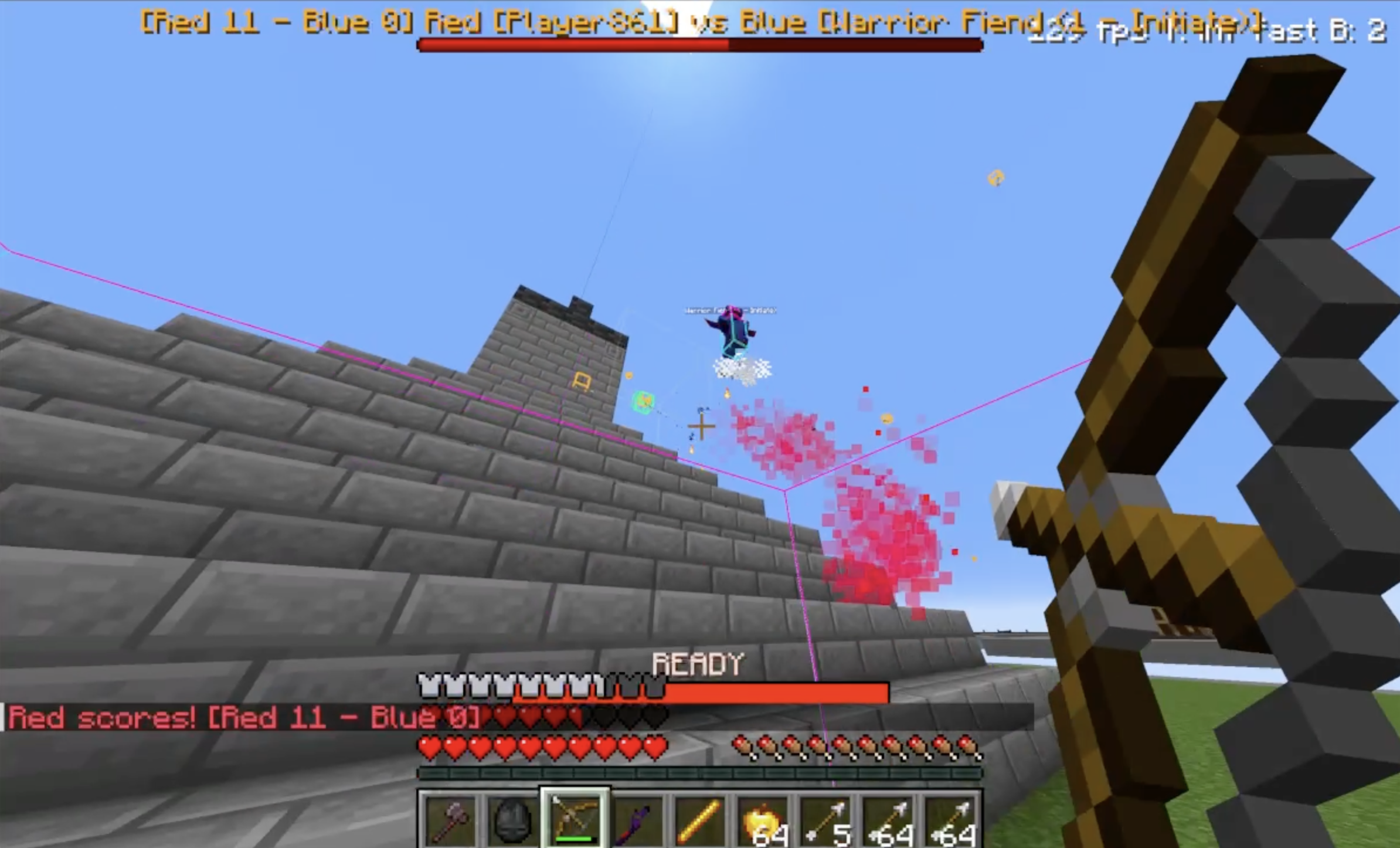 A Minecraft combat screenshot with bow combat, arena scoring, and effects.