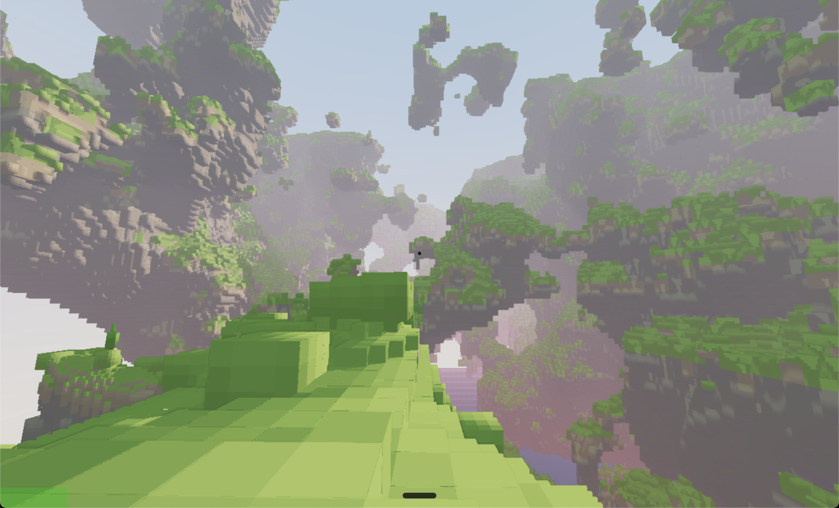 A wide voxel landscape from Samsara with misty cliffs and long-distance terrain.