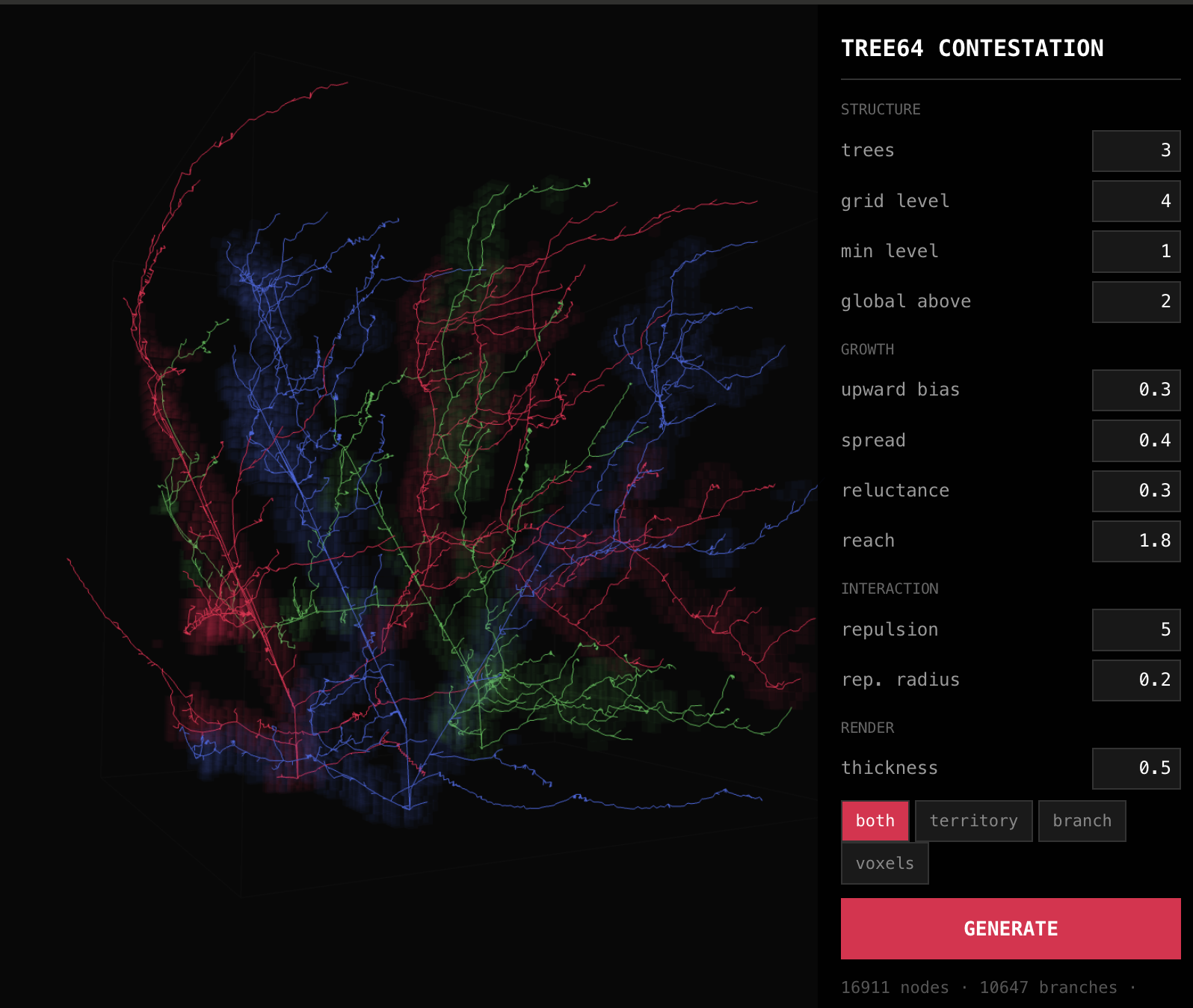 A world-generation substrate visualization with branching influence structures inside a volumetric grid.